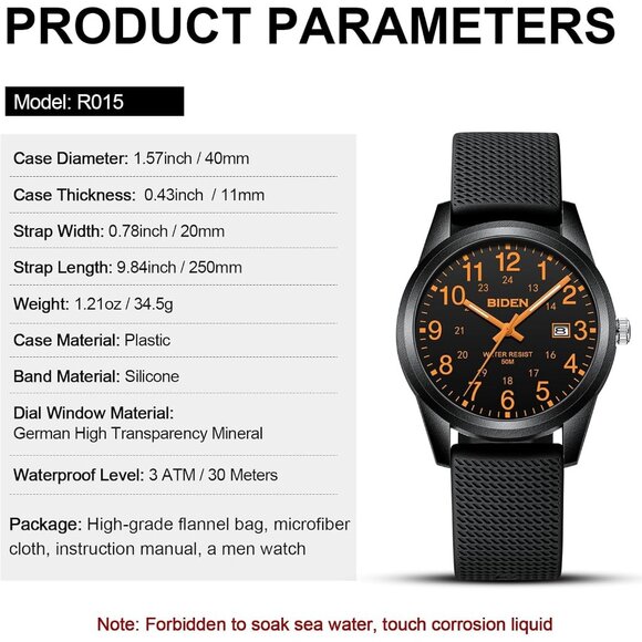 ⚡Black Orange11 Mens Watches Analog Quartz Sports Unisex Fashion Casual Designer - Picture 8 of 9